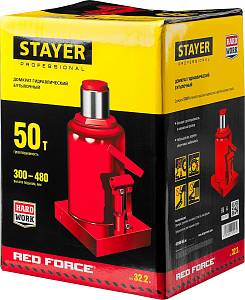 STAYER RED FORCE, 50 т, 300 - 480 мм, бутылочный гидравлический домкрат, Professional (43160-50)